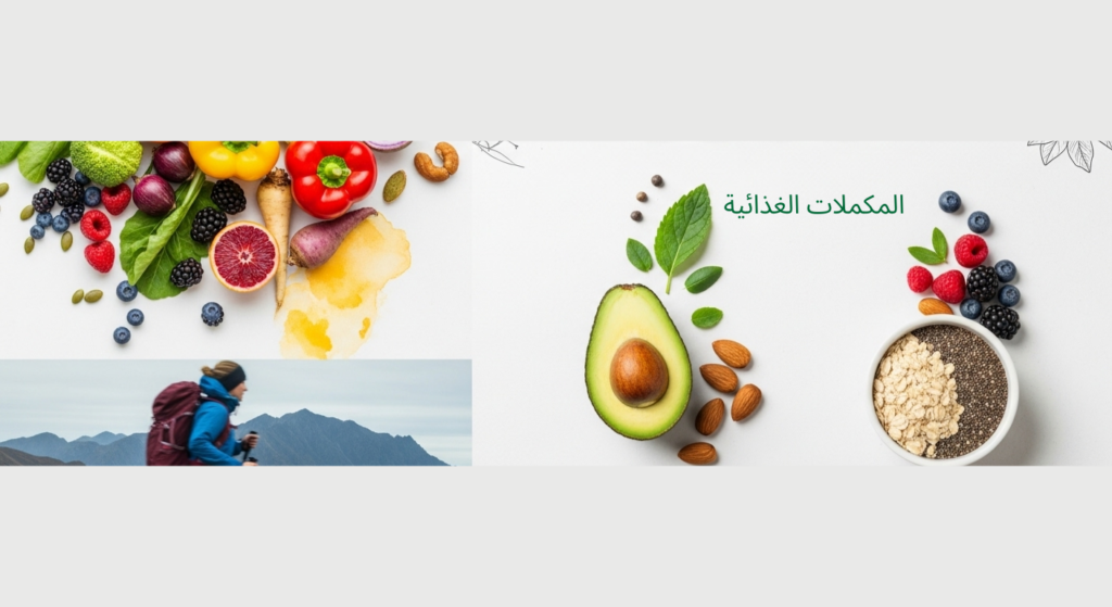 صورة لعلب مكملات غذائية متنوعة مع فواكه وخضروات طبيعية تعبر عن الصحة والتغذية السليمة