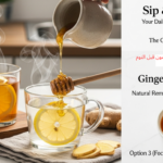 كوب مشروب الزنجبيل مع العسل والليمون الدافئ على طاولة خشبية، مشروب صحي قبل النوم