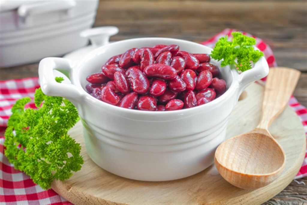 طبق صحي من الفاصوليا الحمراء المطهية مع الخضار يوضح فوائد الفاصوليا الحمراء للصحة العامة